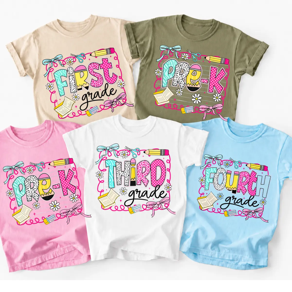Back to School Grade Shirt, PreK First Third Fourth Grade Teacher Tee, Cute Bow Pencil Classroom T-Shirt, Custom Grade Level Shirt, Coquette Teacher Gift, First Day of School Apparel USA - DPCLICK