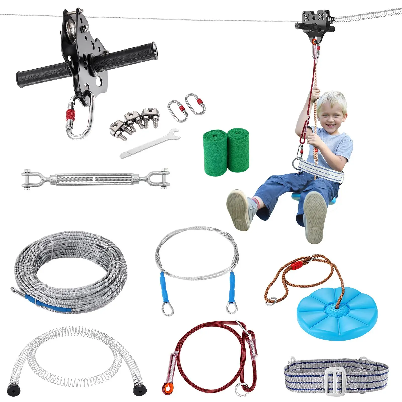 【Backtoschool】VEVOR Zipline Kit for Kids and Adult,  , 160 ft Zip Line Kits Up to 330 lb, Backyard Outdoor Quick Setup Zipline, Playground Entertainment with Stainless Steel Zipline, Spring Brake, Safety Harness, Seat