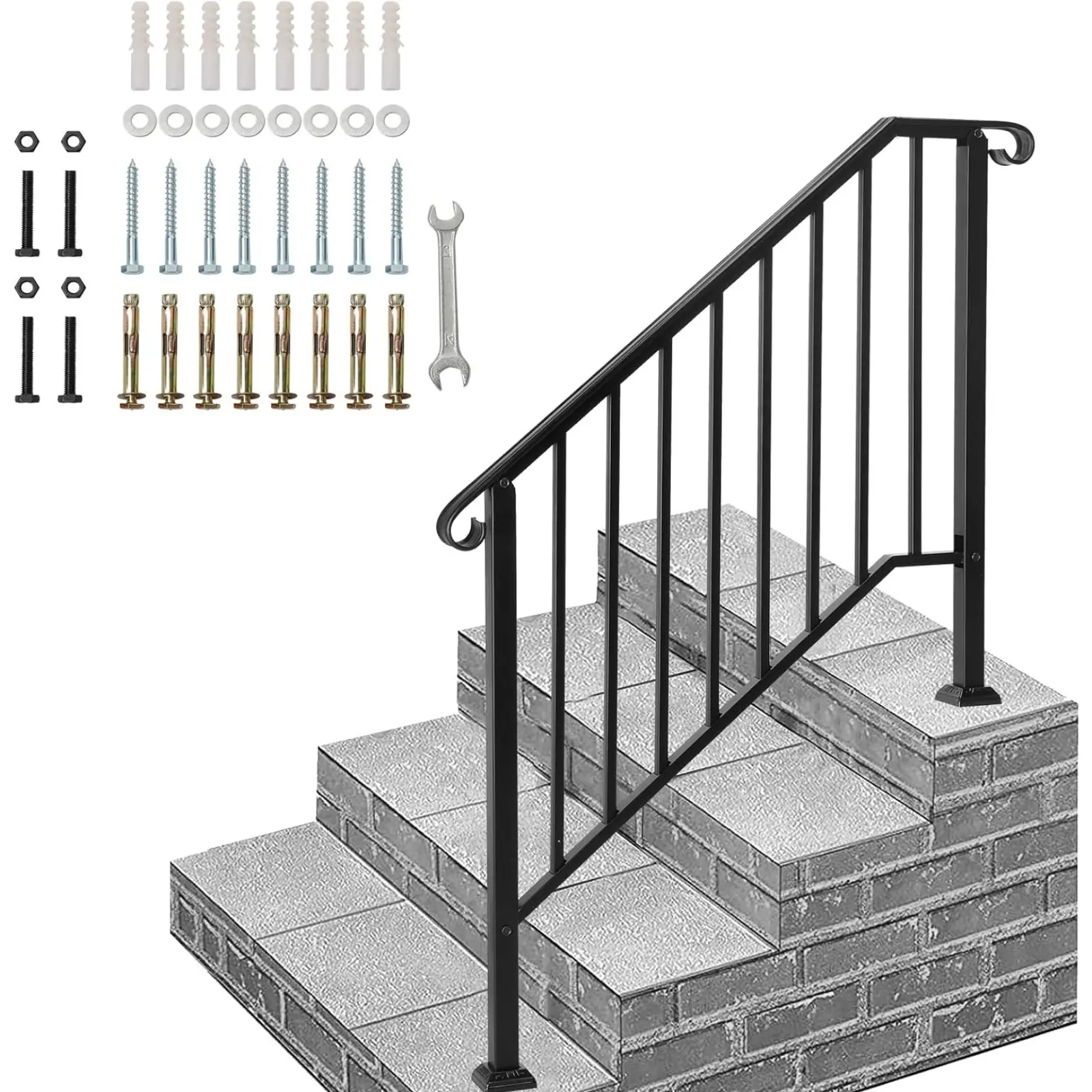 Handrails for Outdoor Steps, 40" Black Wrought Iron Stair Railing | Fits 3 or 4 Steps | Transitional Handrail for Concrete or Wooden Stairs with Easy Installation Kit