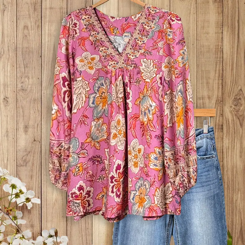 SageVell Floral V-Neck Peasant Blouse Long Puff Sleeves Vibrant Pink Top Pastel Cotton Fabric Bohemian Style Women's Shirt Chic Fit Elegant Versatile Design