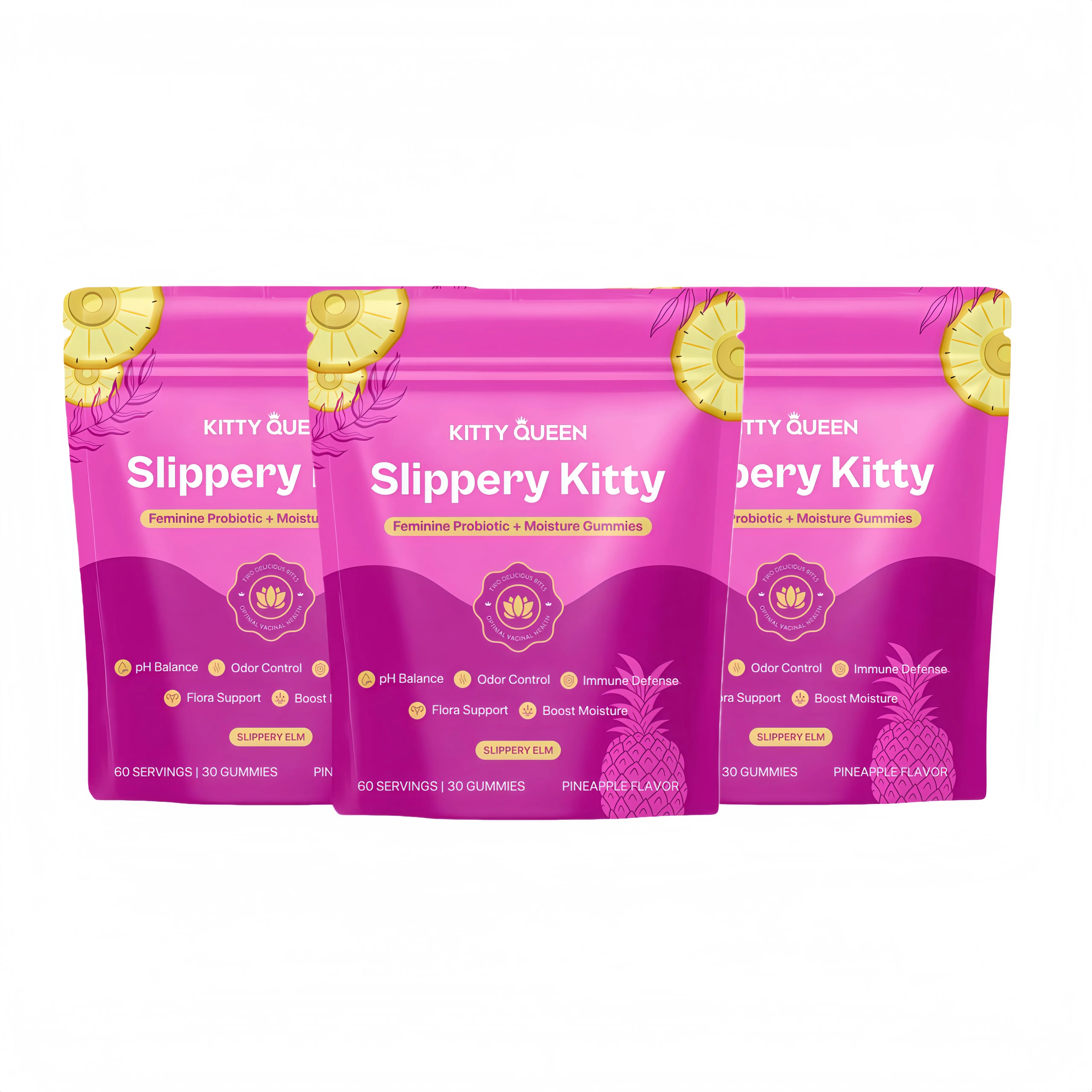 3XX-Slippery Kitty Feminine Probiotic + Moisture Gummies – All-in-One Vaginal Health Support with Slippery Elm – pH Balance, Odor Control & Hydration – 60 Pineapple Gummies