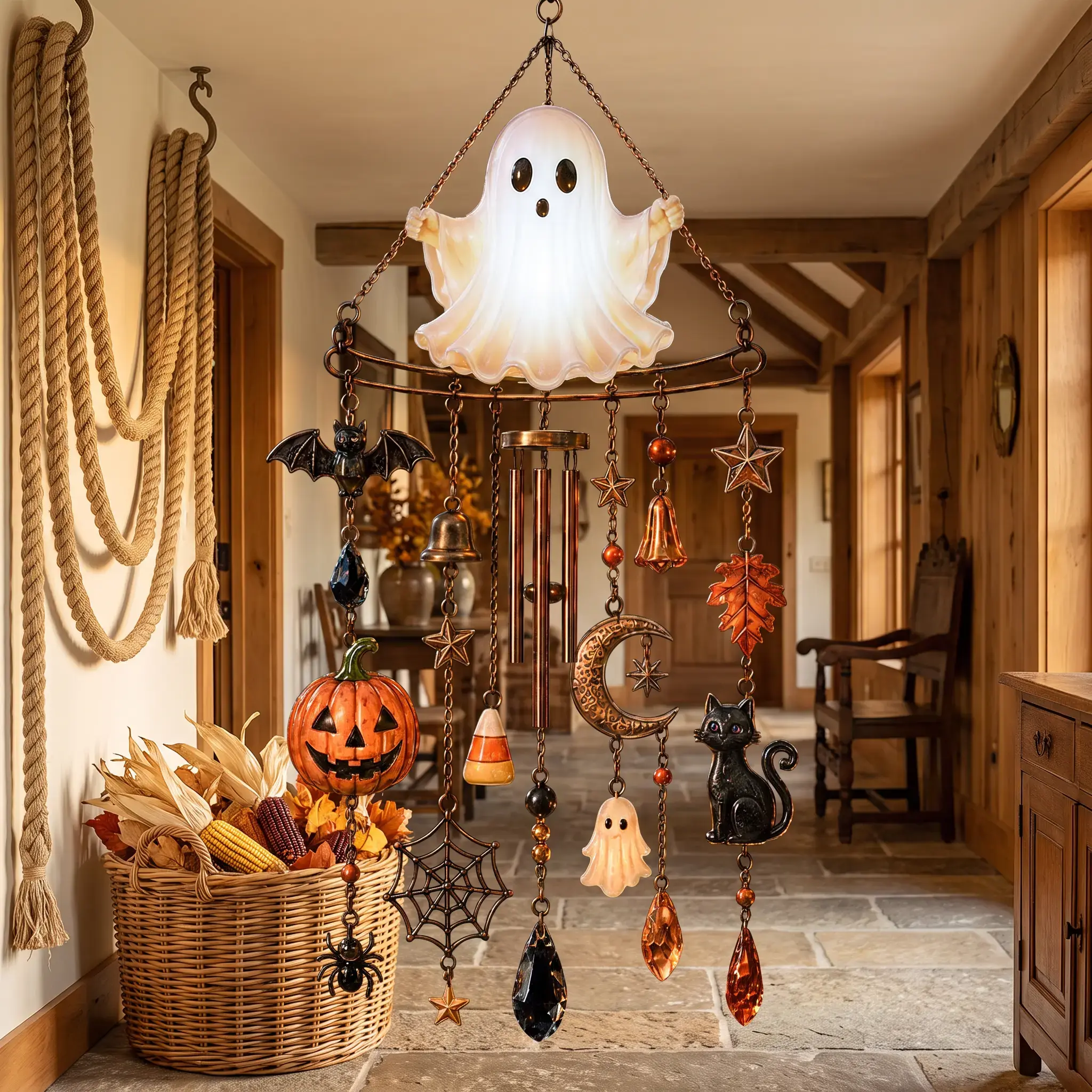 【SummerWins】Halloween Lighted Ghost Wind Chime, Hanging Decor with Aluminum Tubes, Pumpkin Bat Cat Spider Charms, Crystal Drop, Battery-Operated Spooky Ornament for Patio Garden Party
