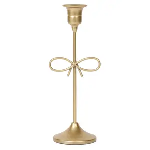 Home Decor Collection Gold Metal 9.06" Taper Tabletop Indoor Candle Holder, with Bow Accent
