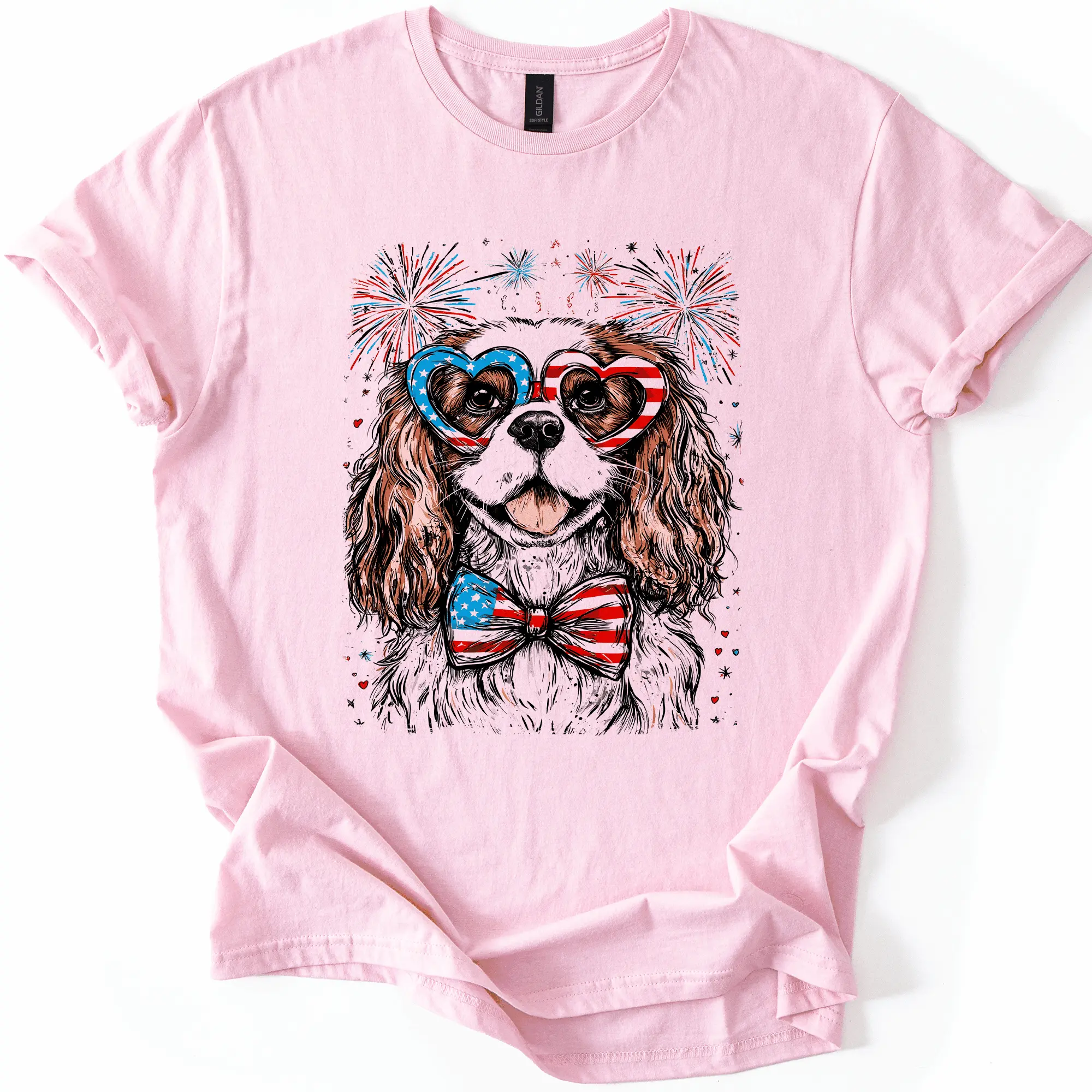 Cavalier King Charles Spaniel Patriotic Dog, USA, America, Pet Lover, 4th of July, Soft Style T-Shirt, Soft Style Tee, Women's Graphic Tshirt