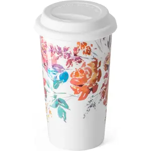 Ceramic Coffee Travel Mug 12 Oz with Lid Spill & Leak Proof, Double-wall Insulated Travel Coffee Mugs Watercolor Peonies ,  for Her  Christmas Birthday  Day, White &  Flower
