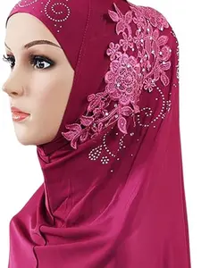 Women One Piece Muslim Hijab Lace Applique Head Wrap Scarf Shawl with Rhinestones