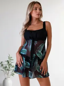 2026 Summer Printed One-Piece Swimsuit Dress with Sheer Mesh Skirt, Tie-Waist Design, and Built-in Briefs – Tummy-Control Swimwear Perfect for Pool Parties and Beach Vacations