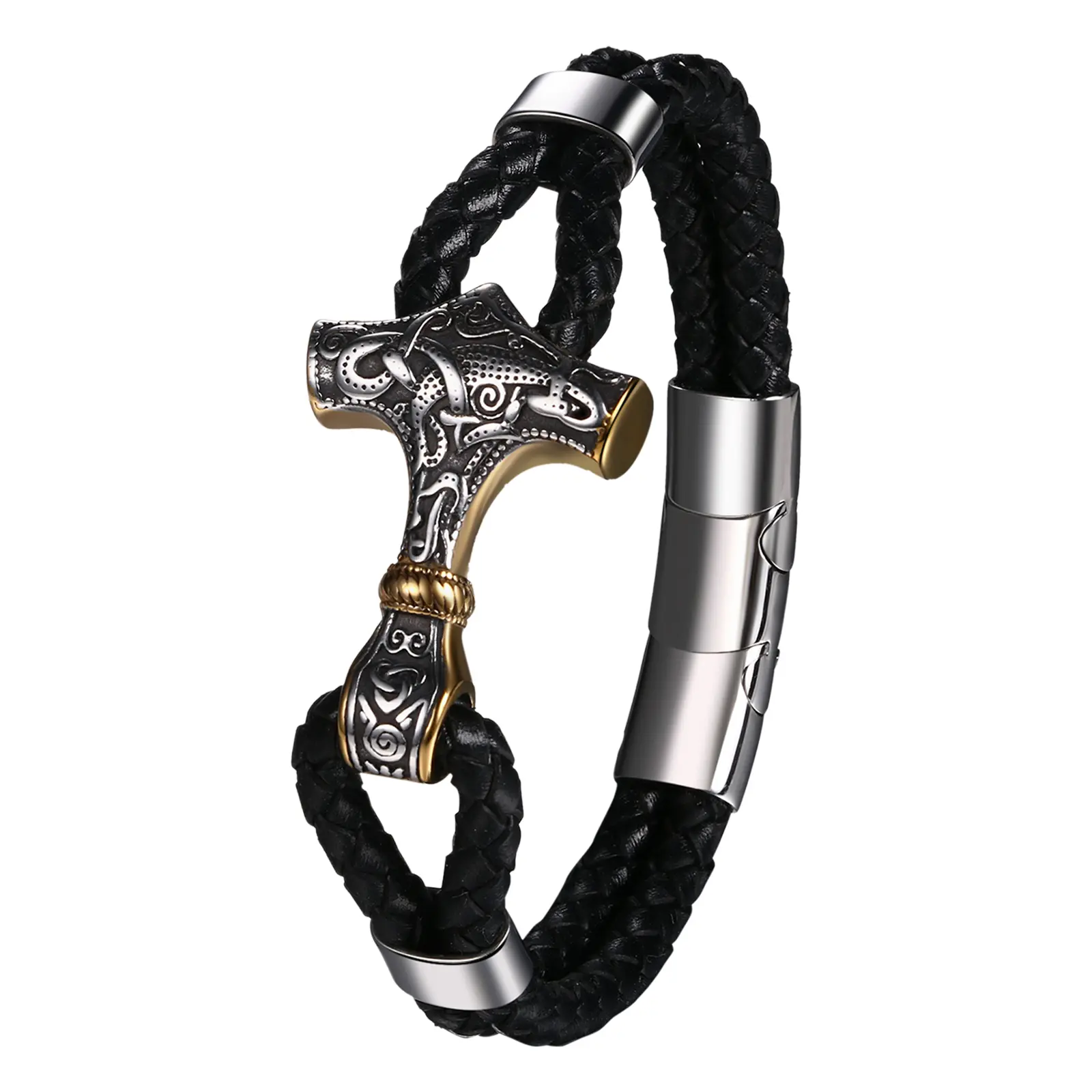 OIDEA Male Viking Adjustable Cuff Bracelet, Norse Mjolnir Amulet, Heavy Stainless Steel with Layered PU Leather, Magnetic Clasp, Viking Motif, Gift for Male Wearers for Fathers Day & Anniversary, Father’s Day, 3D-Cast Mjolnir, Birthday, Bold Masculine Loo