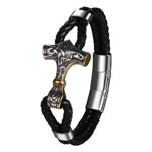 OIDEA Male Viking Cuff Bracelet, Norse Mjolnir Amulet, Heavy Stainless Steel with Layered PU & Magnetic Clasp, Adjustable Size, Viking Motif, Gift for Father summerwins,summerwins