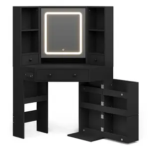 Sikaic Corner Makeup Vanity Set with Upholstered Storage Stool Black