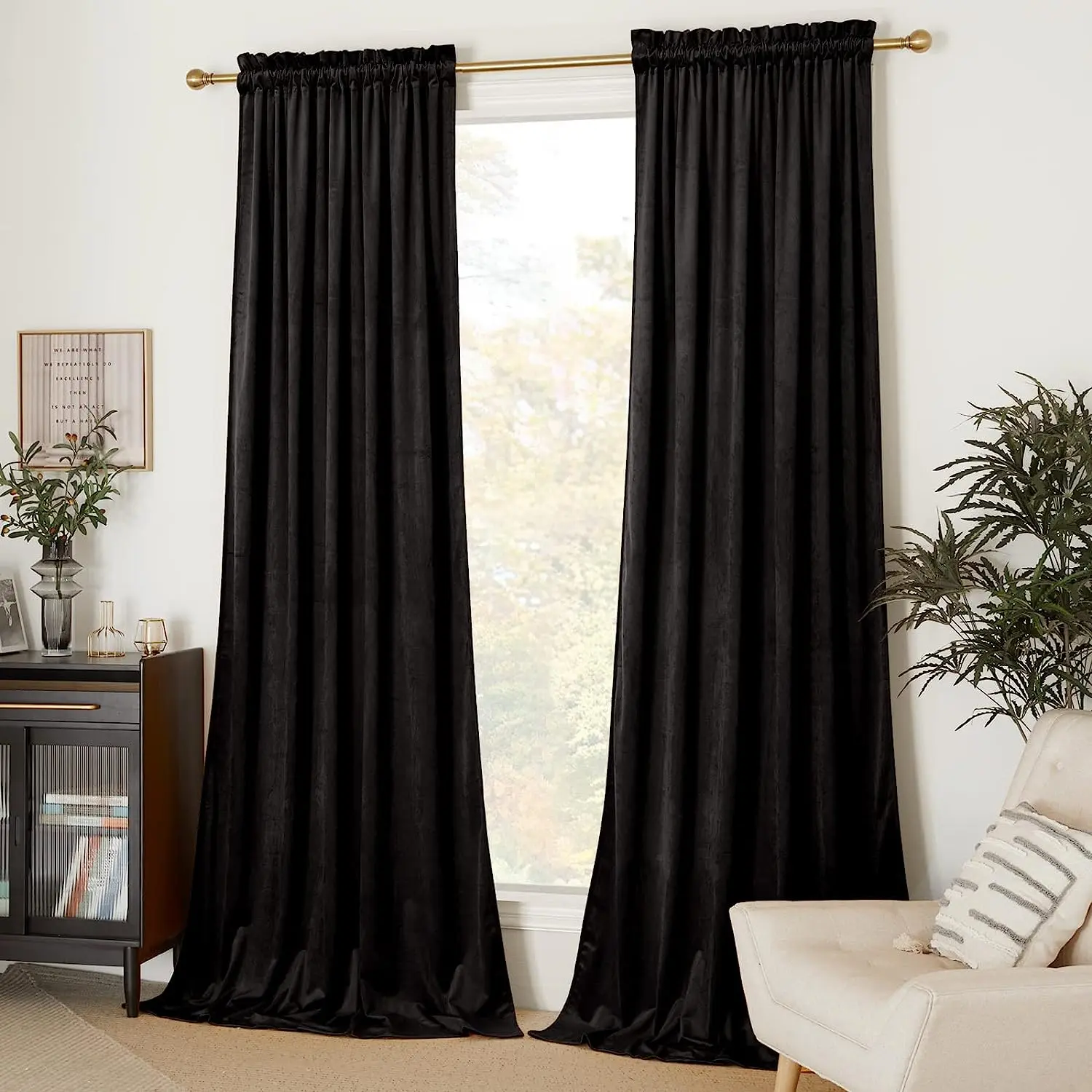 02 blackout blinds NICETOWN Halloween Black Velvet Blackout Curtains, Solid Heavy Matt Rod Pocket Drapes/Window Treatments for Hall, Theater (2 Pieces, 96 inches Long)