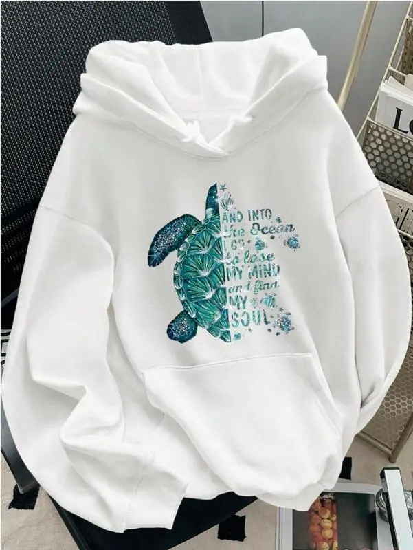 Women's Plus Size Sporty Knitted Breathable Long Sleeve Pullover Turtle Neck Slogan Print Drop Shoulder Hoodie Sweatshirt for Autumn-Winter, Soft, Tops, Cotton