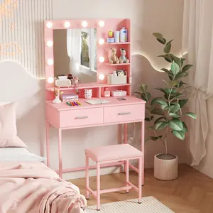 Lifewit Vanity Desk Set with Mirror & Lights – Makeup Table with 2 Drawers, Chair, 3 Brightness Levels, Wooden Top, Iron Frame, Perfect Gift for Girls