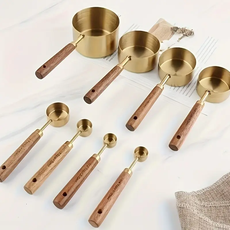 8PCS Golden Stainless Steel Measuring Cups & Spoons Set with Aromatic Wooden Handles - Perfect for Cooking, Durable Kitchen Baking Tools, Includes Spice Spoon and Coffee Scoop, Nesting Design Utensils