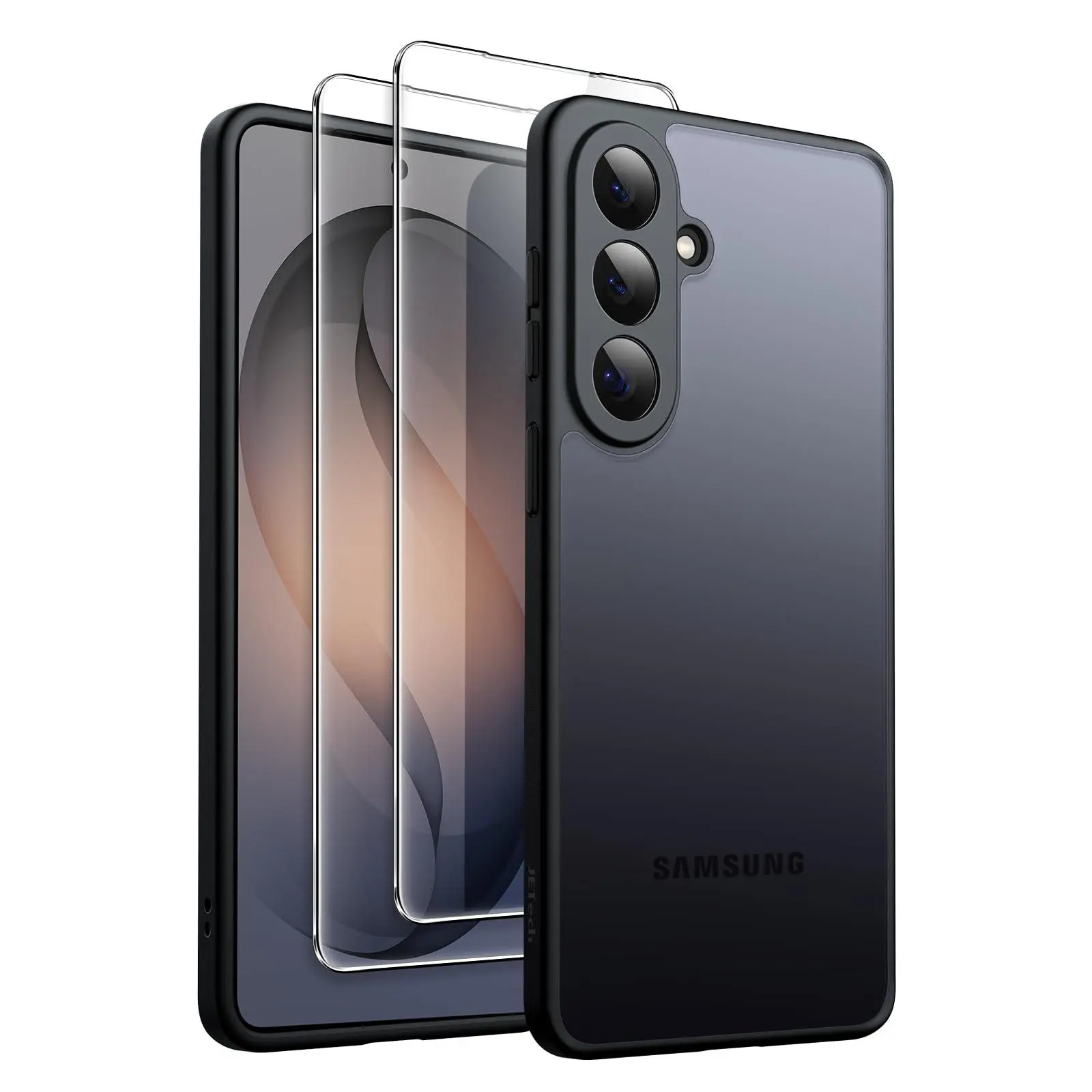 JETech 3-in-1 Matte Smartphone Casing for Samsung Galaxy S26 Series, Translucent Shockproof Handheld Device Cover with Full Camera Lens Protection + 2-Pack Tempered Glass Screen Protector