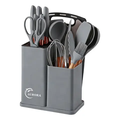 19pcskitchen knife pot cooking set-food grade silicone,non stick material,including chef's knife,deep soup spoon,bread, bone chopping, peeling,multi-purpose knife,cooking brush,rose gold decoration,easy to clean,ideal gift for ladies (New Year, Christmas)