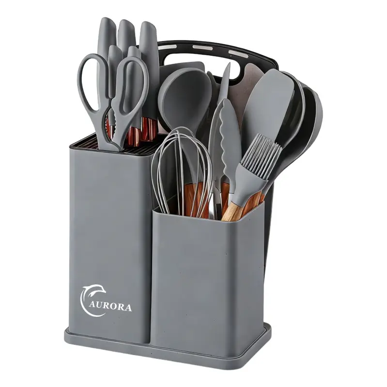 19pcskitchen knife pot cooking set-food grade silicone,non stick material,including chef's knife,deep soup spoon,bread, bone chopping, peeling,multi-purpose knife,cooking brush,rose gold decoration,easy to clean,ideal gift for ladies (New Year, Christmas)