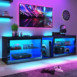 55/63/71/81 inch LED TV Stands W/Power Outlet,Black Entertainment Center W/70000-Colors Lights,High Gloss LED TV Console w/Adjustable Glass Shelves for Living Room Gameroom