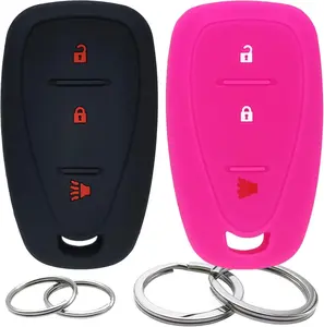 2Pcs Silicone 3 Buttons Key Fob Cover Remote Case Keyless Protector Compatible with Chevrolet Chevy Malibu Blazer Camaro Cruze Equinox Malibu Limited Sonic Spark Traverse Trax Volt (Black & Hot Pink)