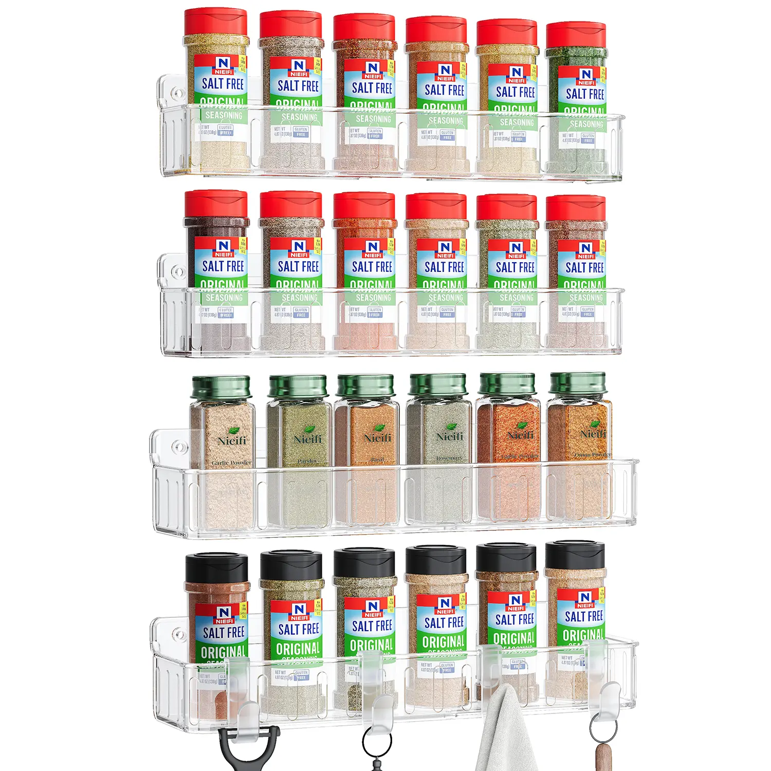Nieifi 4-Pack Multifunctional Clear Spice Rack Wall Mount Organizer, ABS Plastic Bottles Organizer with Adhesive and Screw Mount Racks & Displays for Kitchen Cabinet, Pantry Door