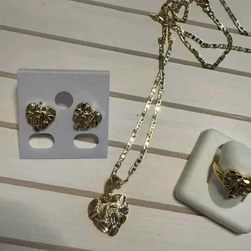 Heart Nugget Plated Set Ring Earrings Necklace with Gold Chain and Heart Pendant Design 18k gold plated Oro laminado