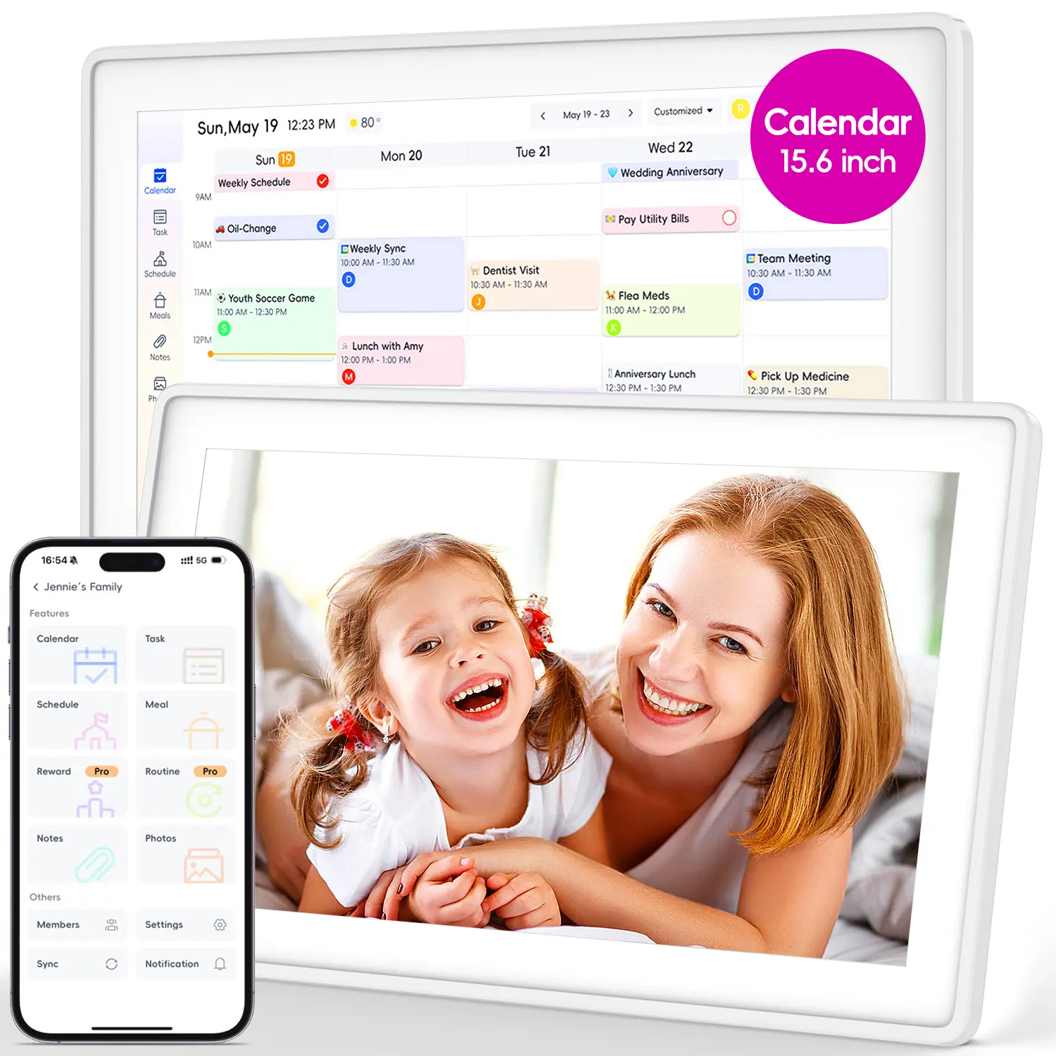 Kinstone 15.6" Smart Digital Calendar, Touchscreen Family Planner with Apple & Google Calendar Sync, Global Search, Holiday Themes, Live Photos, Video & Music Playback