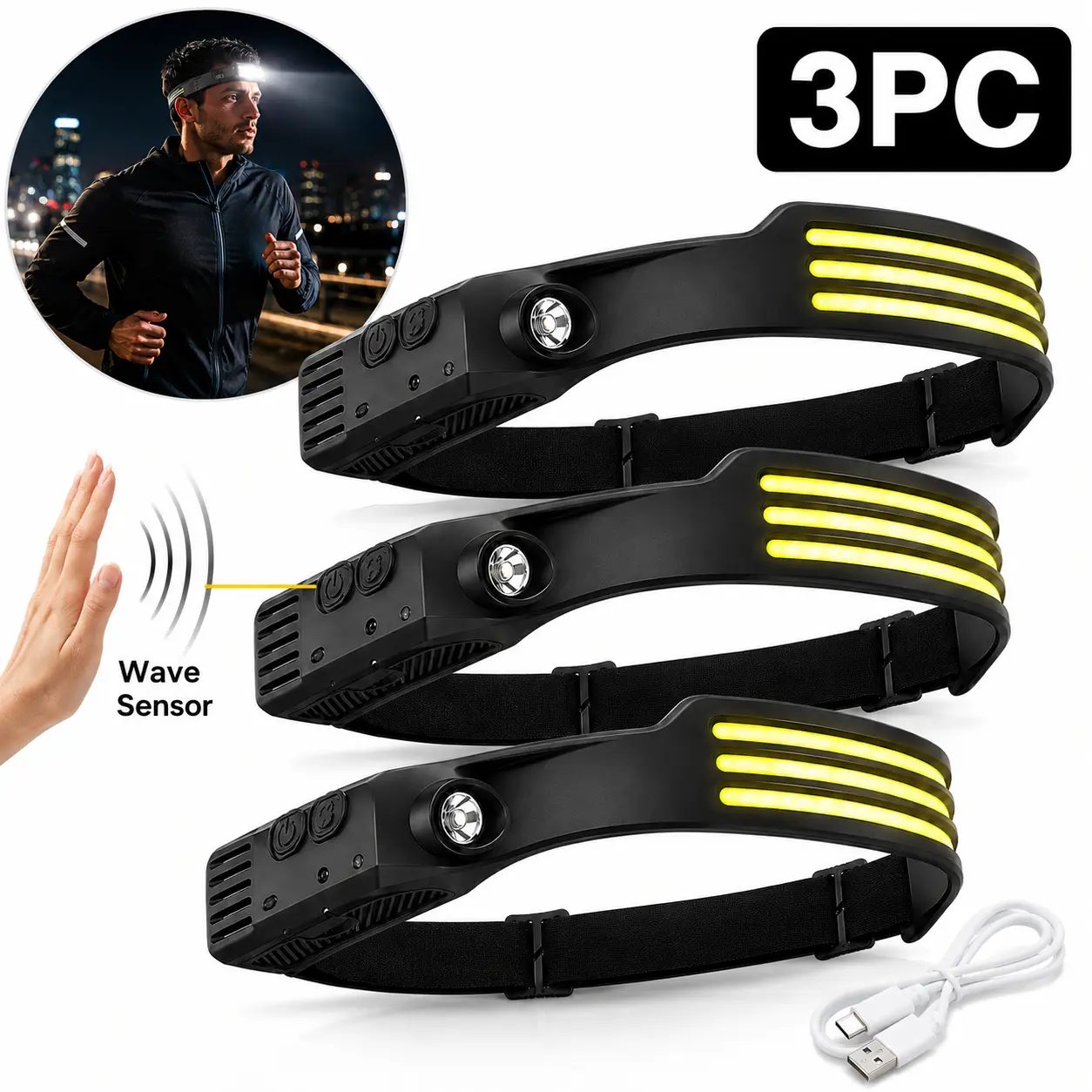 1/2/3 Pack Hands-Free Wave Sensor Headlamp, 230° Wide Beam LED Rechargeable Adjustable Head Light, Waterproof Head Flashlight for Outdoor Night Activity, Emergency, Cycling and Household Use