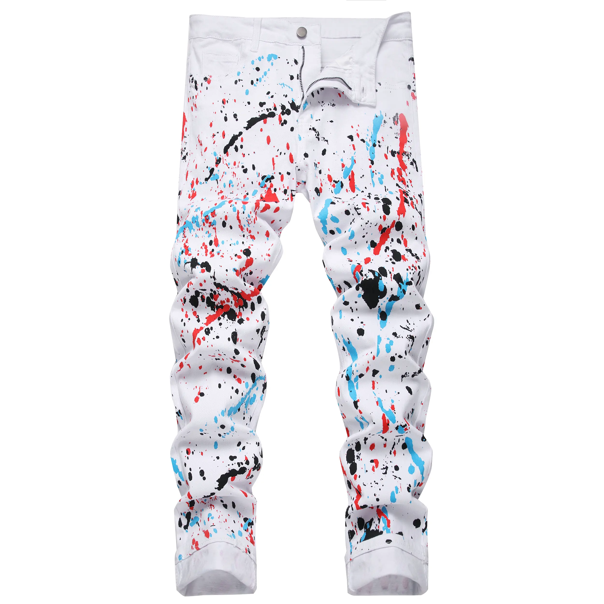 Menswear Men's Printed Denim Long Pants - Oil-Splatter Effect, Color-Blocked Casual Design