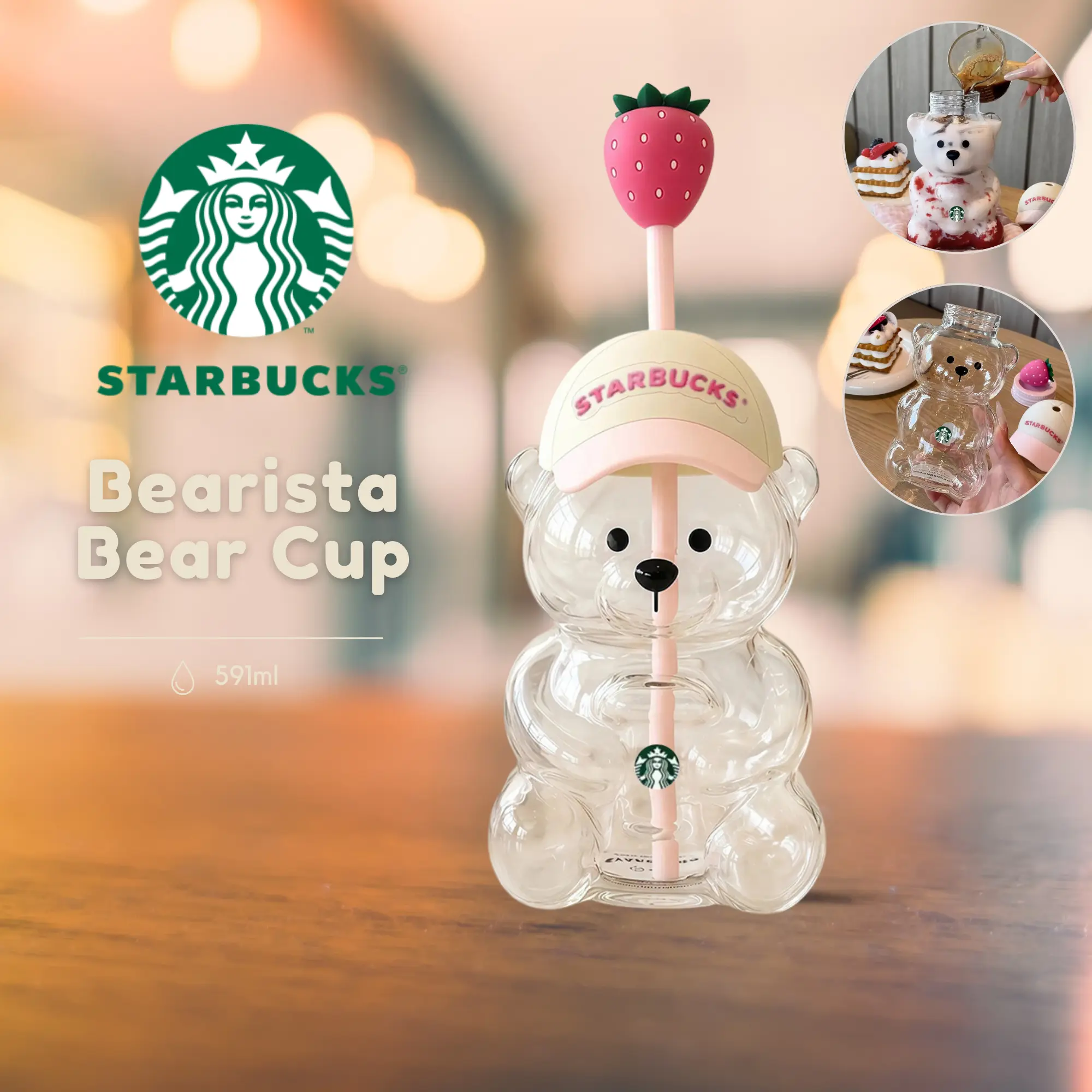 Starbucks Cute Bearista Bear Cup Strawberry Topper Baseball Cap Special Edition 20oz - Glass Tumbler for Iced Coffee & Water - Cute Gift for Her