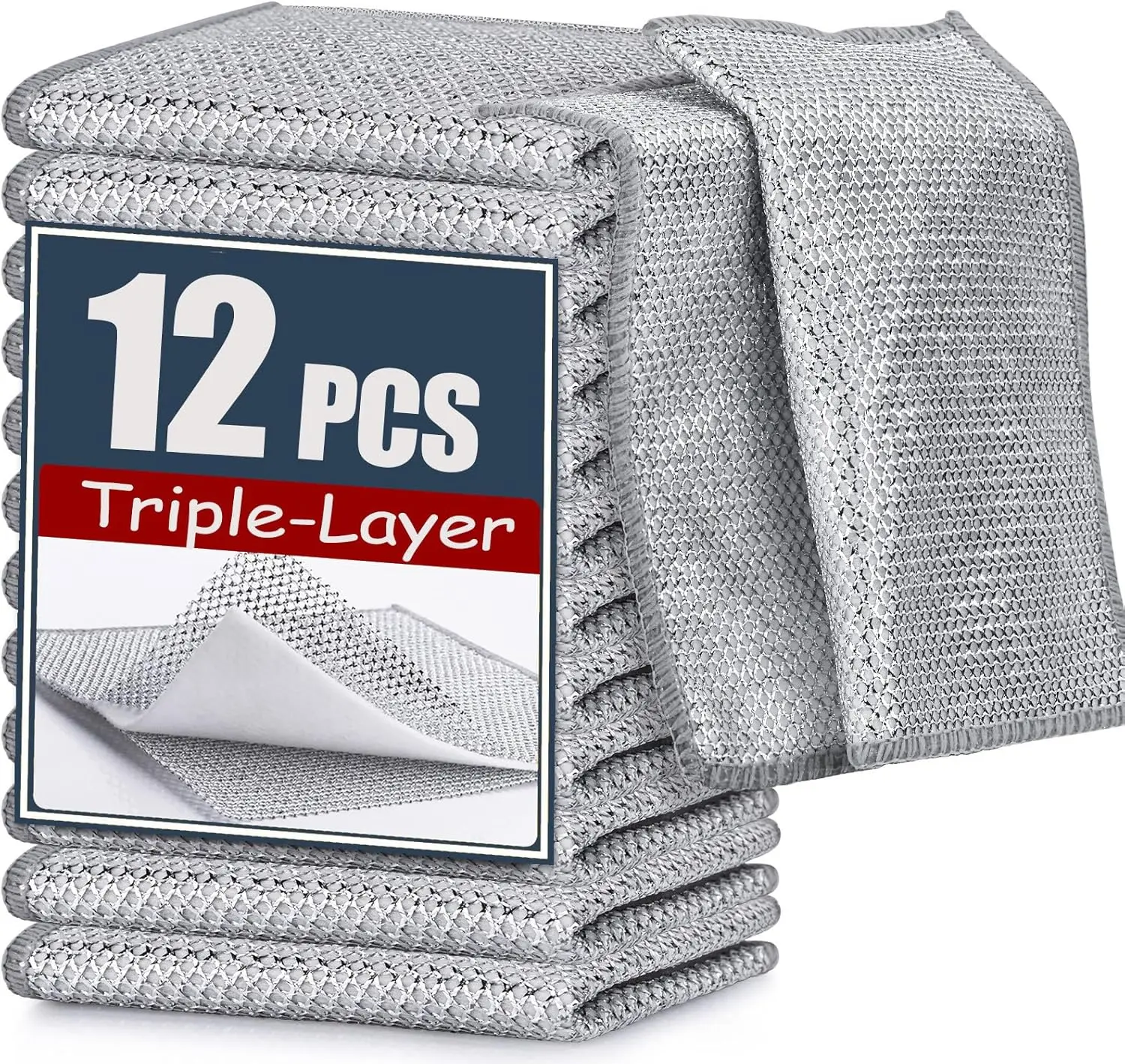 12PCS Upgraded Triple-Layer Steel Wire Dishcloth — Non-Scratch, Cotton Absorbent, Heavy-Duty Cleaning for Cookware, Sinks & Stovetops
