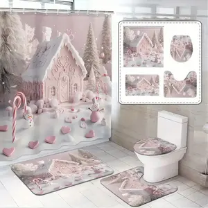This 1/4-piece pink gingerbread house-themed shower curtain set includes a shower curtain, toilet seat cover, rectangular mat, and U-shaped mat. for bathroom décor, it also comes with 12 shower curtain hooks. Bathroom Decoration Accessories
