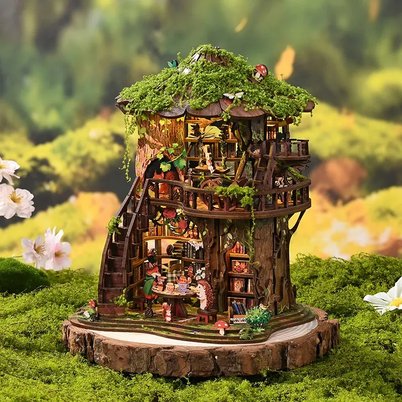 【Forest Language Tea Book】Book Nook DIY Kit for Adults, Tiny Home Vintage Abstract Renaissance Style, Wooden Bookshelf, 3D Hand-Assembled, Miniature Dollhouse, Birthday Gift, DIY Building Model, Diy Collectible Model