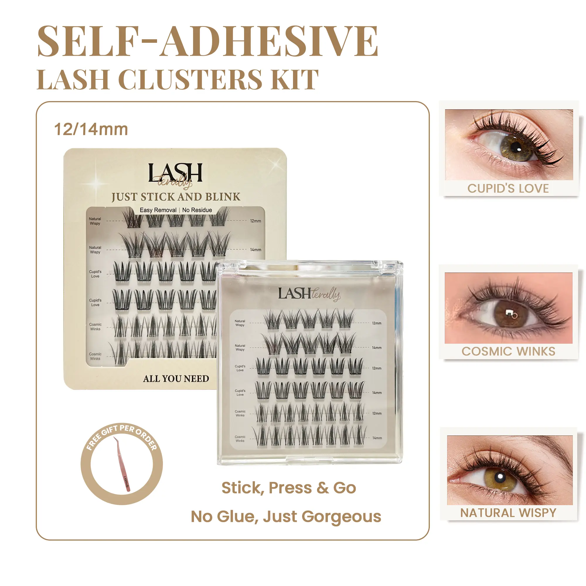 Lashterally All You Need AU Lash Kit Three Styles in One Set with 38 Clusters Travel Pack on the Go Kit 10mm/12mm/14mm Clusters Makeup Cosmic Halloween Party Look Here Compact Cosmetic