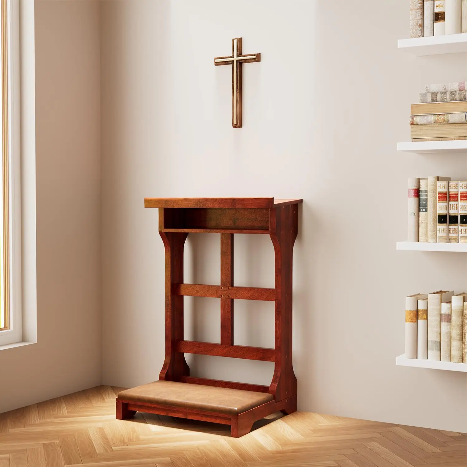 AECOJOY Acacia Wood Prayer Kneeler Bench with Storage Shelf & Soft Cushion, Comfortable Wooden Kneeling Meditation Seiza Stool for Praying at Home or Church