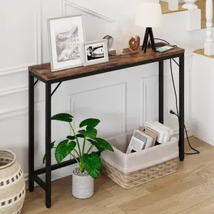 39.4" Narrow Entryway Console Table with Built-in Charging Station, Modern Sofa Side Table with Power Outlets & USB Ports, Sturdy MDF & Metal Frame Accent Table for Living Room & Foyer