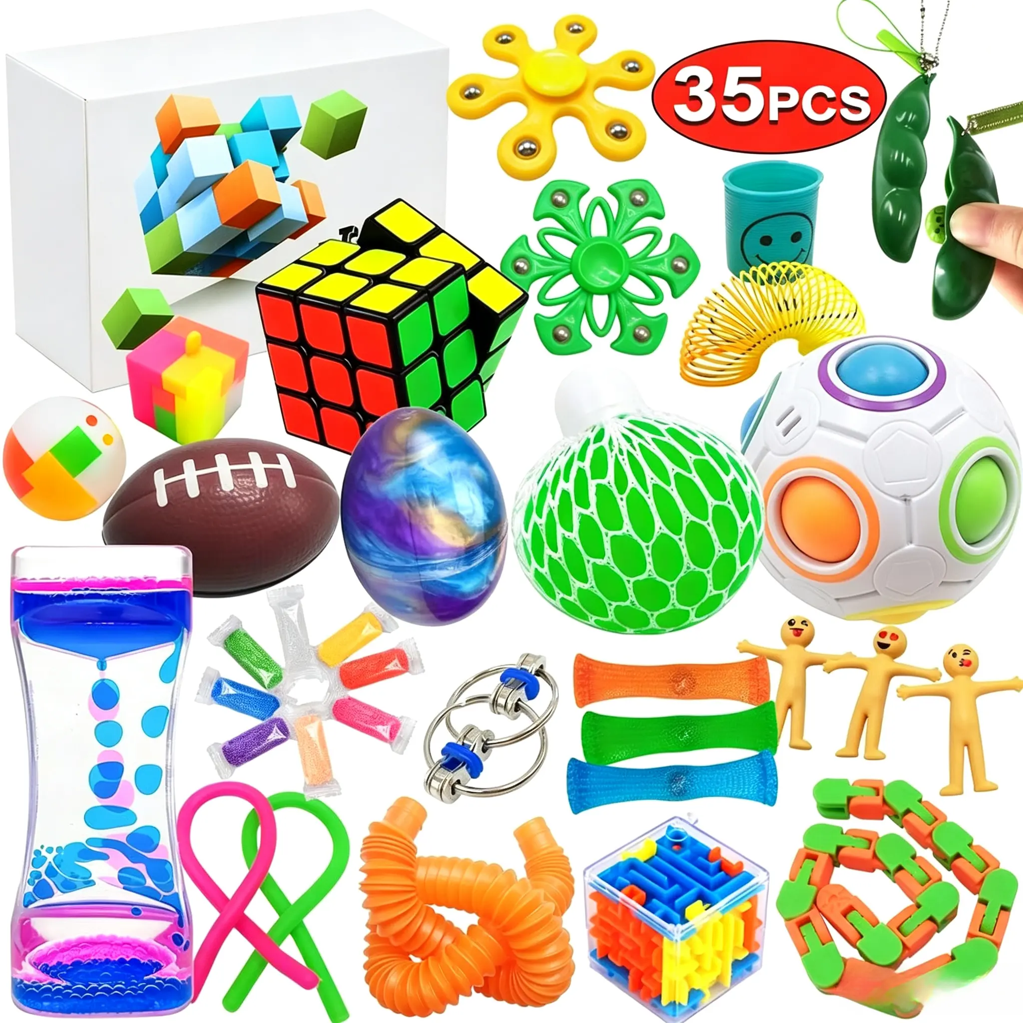 35 Pack Assorted Sensory Fidget Toy Set for Kids & Adults, Stress Relief Anti-Anxiety Toys for Autism OCD ADD, With Motion Timer & Gift Box, Ideal Classroom Reward, Party Favor, Carnival Prize & Holiday Novelty Gift