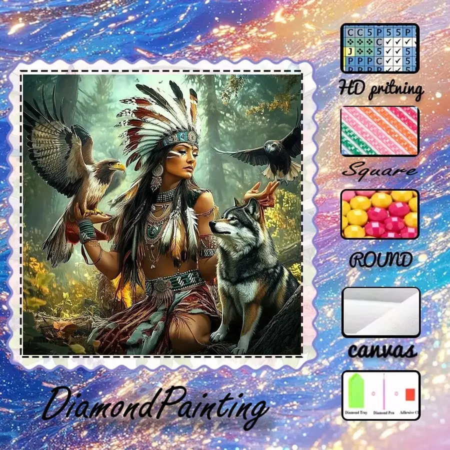 5D-DIY, Handcraft, velvet canvas, diamond art, diamond painting kit, eagle and wolf companions, natural forest AB drills, crystal drills, perfect home decoration, handmade diamond art painting kit, special craft diamond art kit