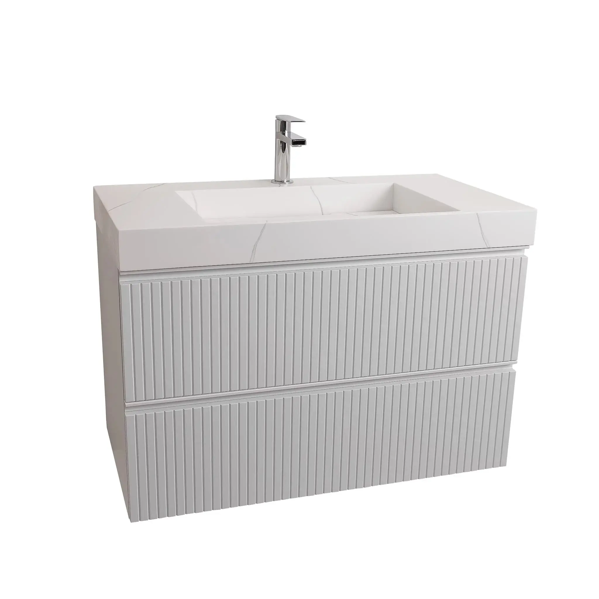 Ares 35.5 Matte White Cabinet, Solid Surface Matte White Top Carrara Infinity Sink, Wall Mounted Modern Vanity Set Bathroom Faucet