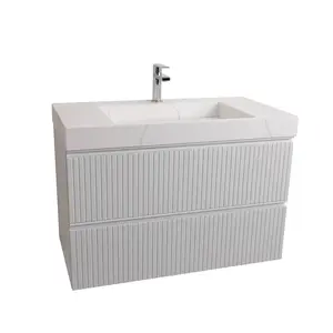 Ares 35.5 Matte White Cabinet, Solid Surface Matte White Top Carrara Infinity Sink, Wall Mounted Modern Vanity Set Bathroom Faucet