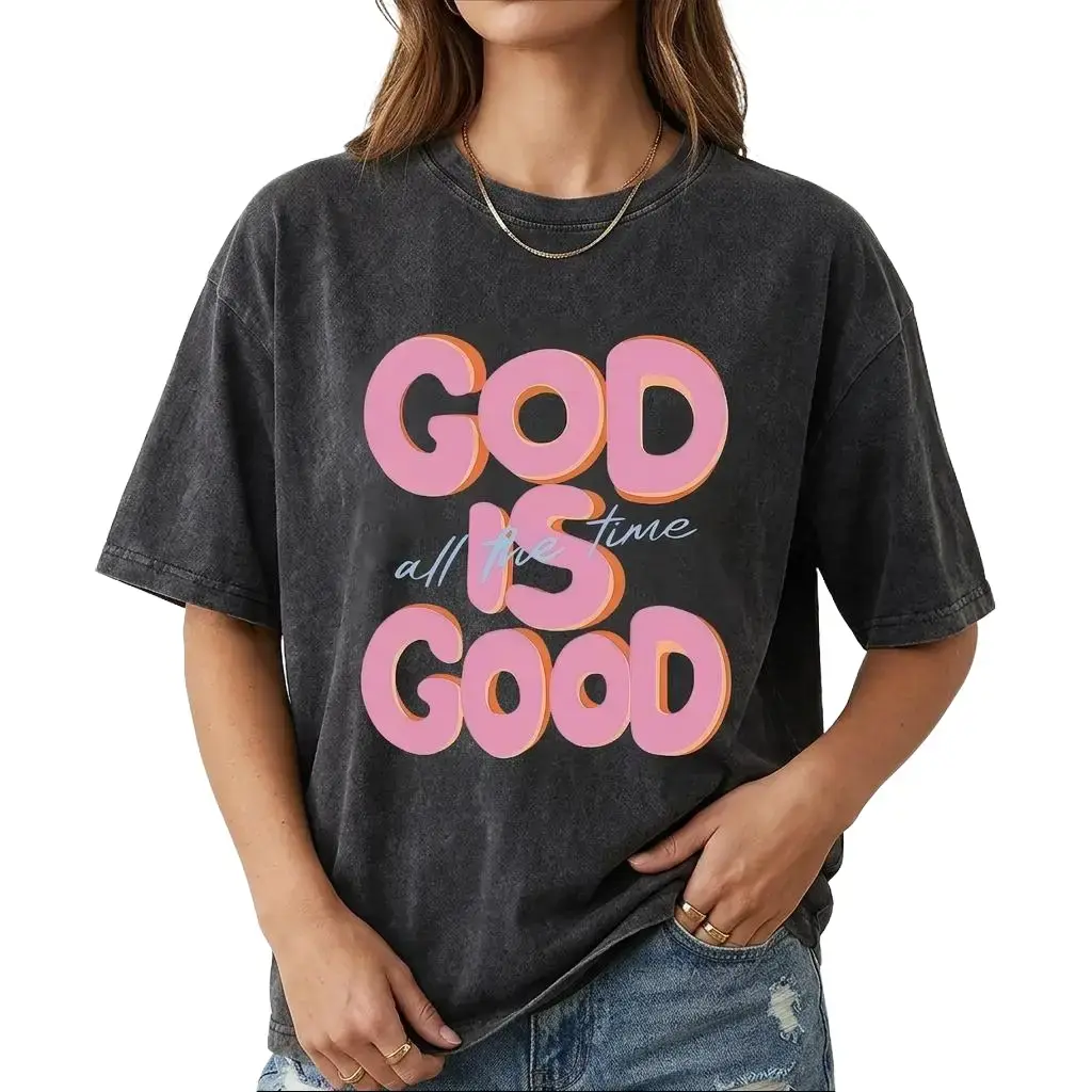 Washed Unisex Sports Top with 'God Is Good' Slogan, Casual Breathable Short Sleeve Round Neck with Digital Print, T-Shirt, Sporty Chic