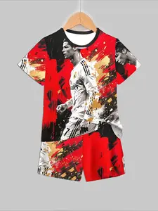 Real Madrid Cristiano Ronaldo Red & Gold Splash Ink Set, Kids' Short-Sleeve T-Shirt & Shorts Two-Piece Set for Football Fans, Summer