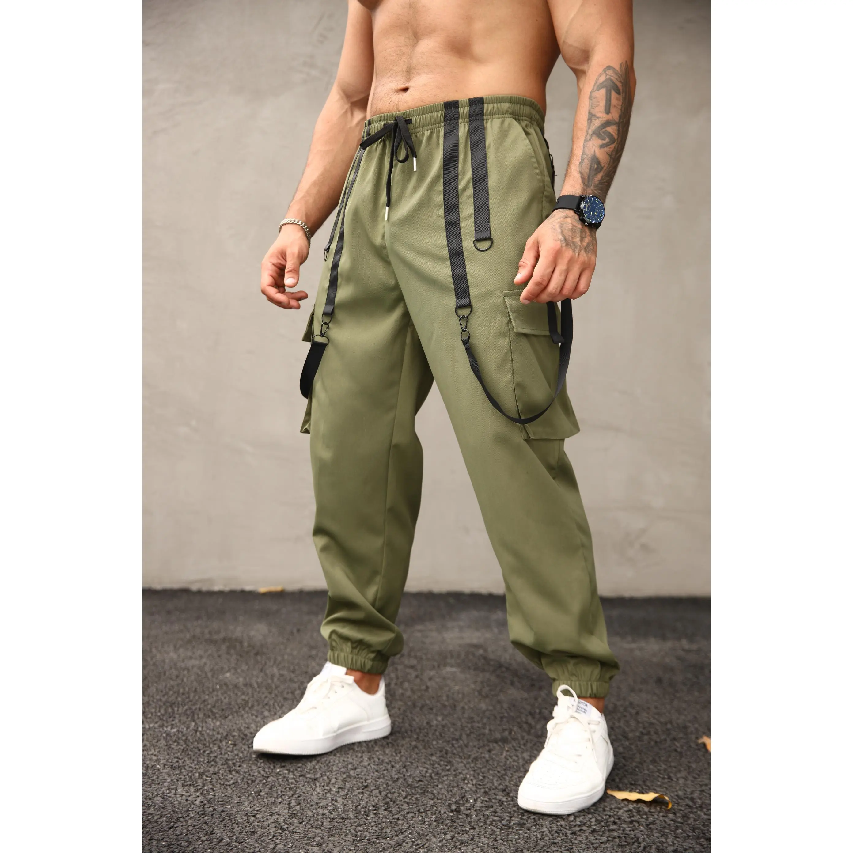 Men's Army Green D-Ring Cargo Joggers, Elastic Waist Tapered Tactical Pants with Y2K Techwear Street Style