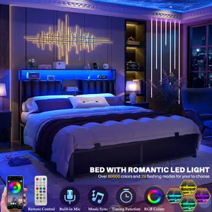 Cyclysio King/Queen/Full Size Bed Frame with Charging Station & Led Light, Platform Bed with Leather Upholstered Headboard and Storage,  mega bed