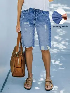 Women's High-Waisted Ripped Denim Jean Shorts, Womenswear, Fashionable Summer, Casual Beachwear, Comfortable Light Color Design