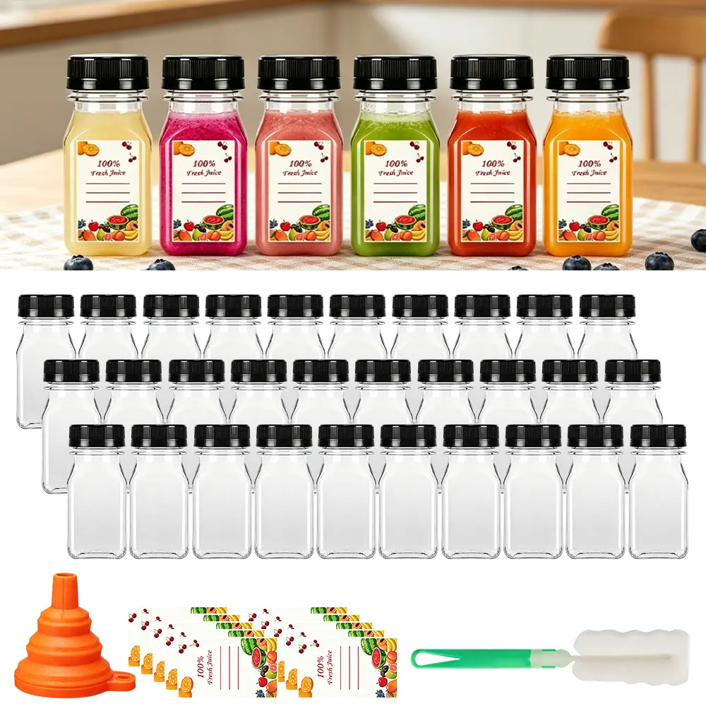 36PCS Juice Bottles with Caps, Empty Plastic Containers with Lids, Label, Funnel, And Brush, Can Be Used to Hold Juice, Coffee, Or Any Drinks,Funnel & Brush
