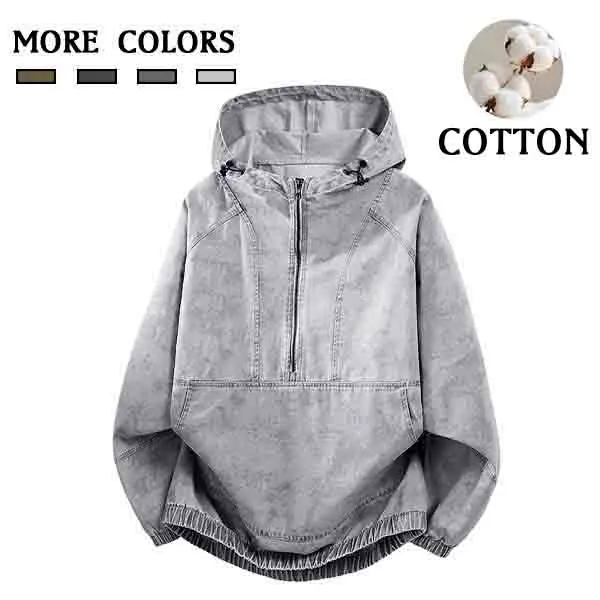 1-pack men’s 100% cotton denim half-zip hooded jacket — casual street-style pullover hoodie jacket