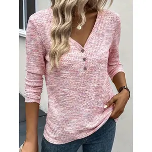 Plus Size Women's Long Sleeved V-neck Solid Color Pullover T-shirt