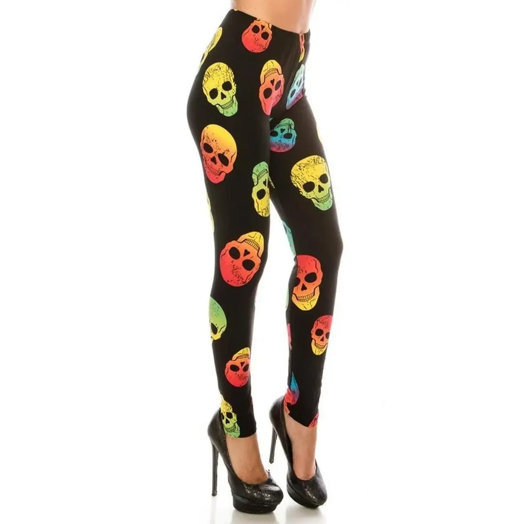 Buttery Smooth Chroma Skull Leggings - Multi Colored Ombre Style Rainbow Skull Print Full Length Fitted Premium Legging Soft Luxurious Microfiber Fabric 92% Polyester 8% Spandex