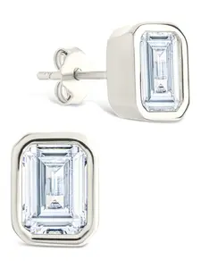 Sterling Silver Emerald Cut Bezel Set Stud Earrings