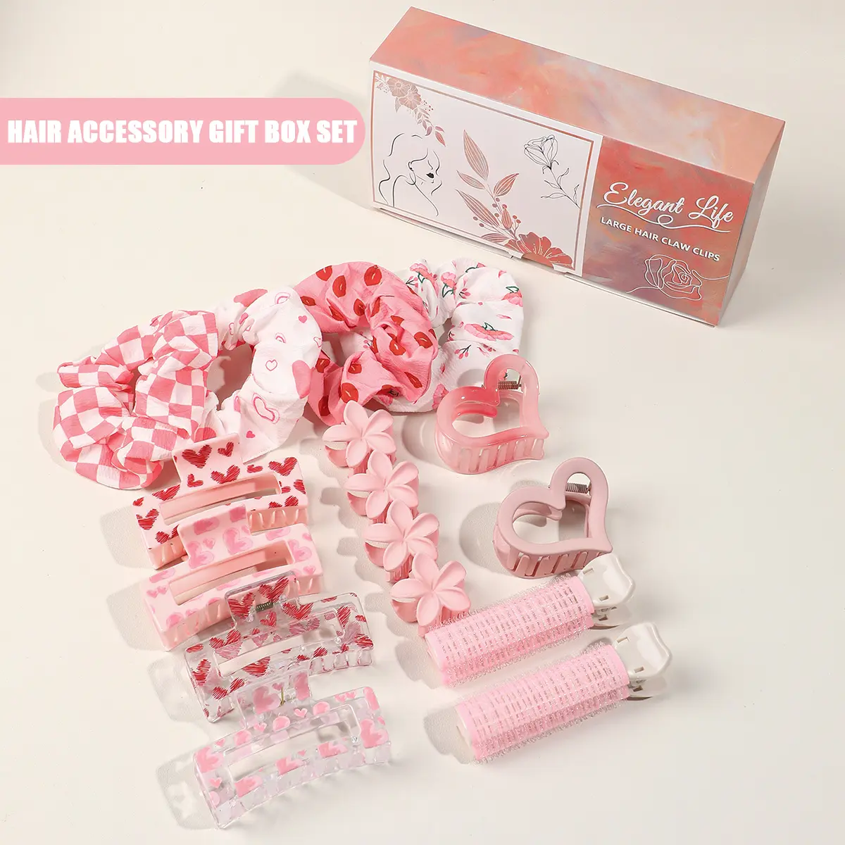 16PCS Pink Aesthetic Ladies Hair Bundle In Gift Box: 10 Heart/Flower Hair Clips + 4 Scrunchies + 2 Hair Rollers | Cute Design For Daily/Dates/Curl Styling | Elegant Gift Box  #PinkHairAccessories #LadiesHairEssentials #CuteHairStylingKit GirlishHairSet Bo